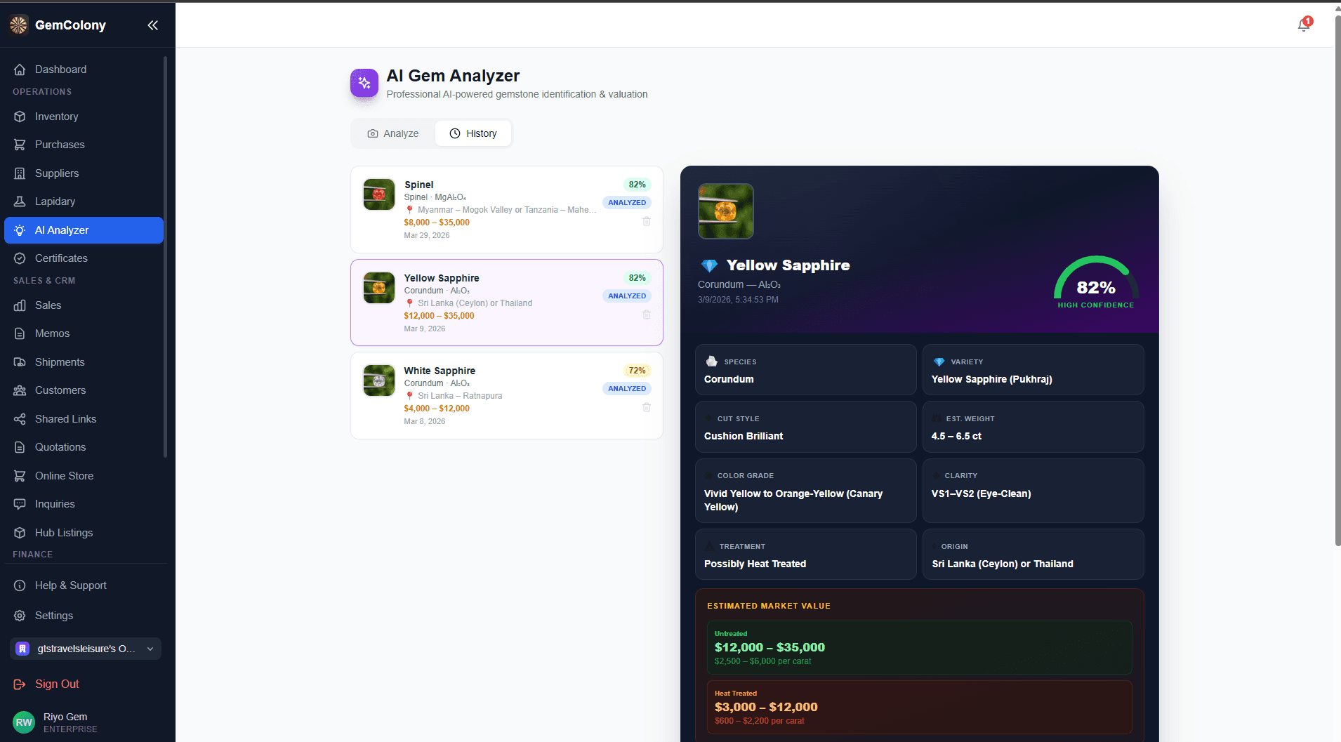 AI Gemstone Analysis screen in GemColony gemstone ERP software